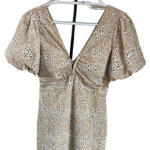 GUESS Women's Short Eyelet V-Neck Puff Sleeve Sheath Dress